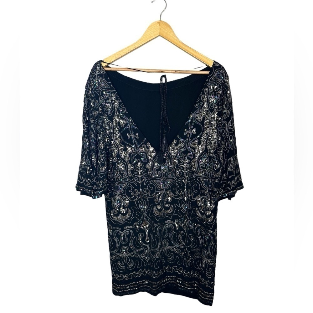 Free People Sequin Embroidery Mini Dress Flutter Sleeves oversized XS - Picture 5 of 9